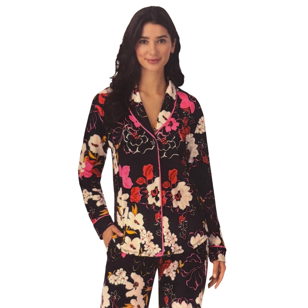 NWT Room Service Pajama Set Womens XXL Black Pink Floral Shawl Collar 1730042